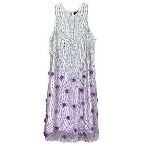 Parker Black $480 Beaded Sequin Floral Applique Dress White Silver Purple Size 2